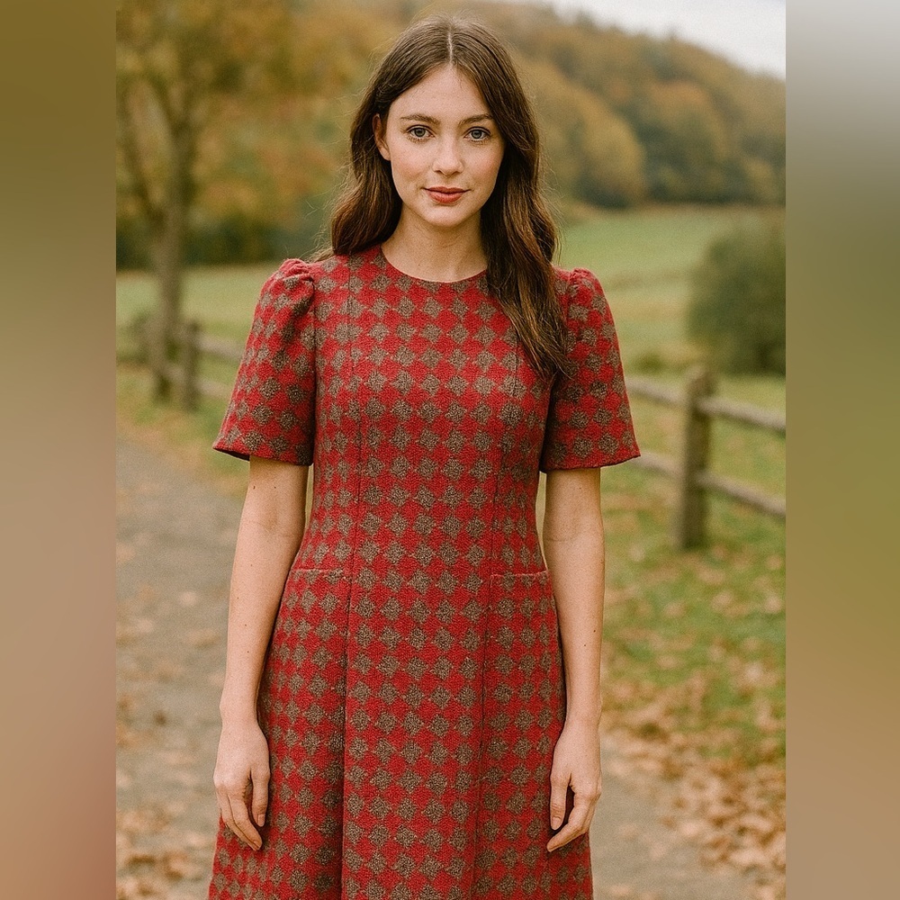 Vintage Wool Houndstooth MIDI Dress Red Grey Pockets Puff Sleeve Size S​​​​​​​​​